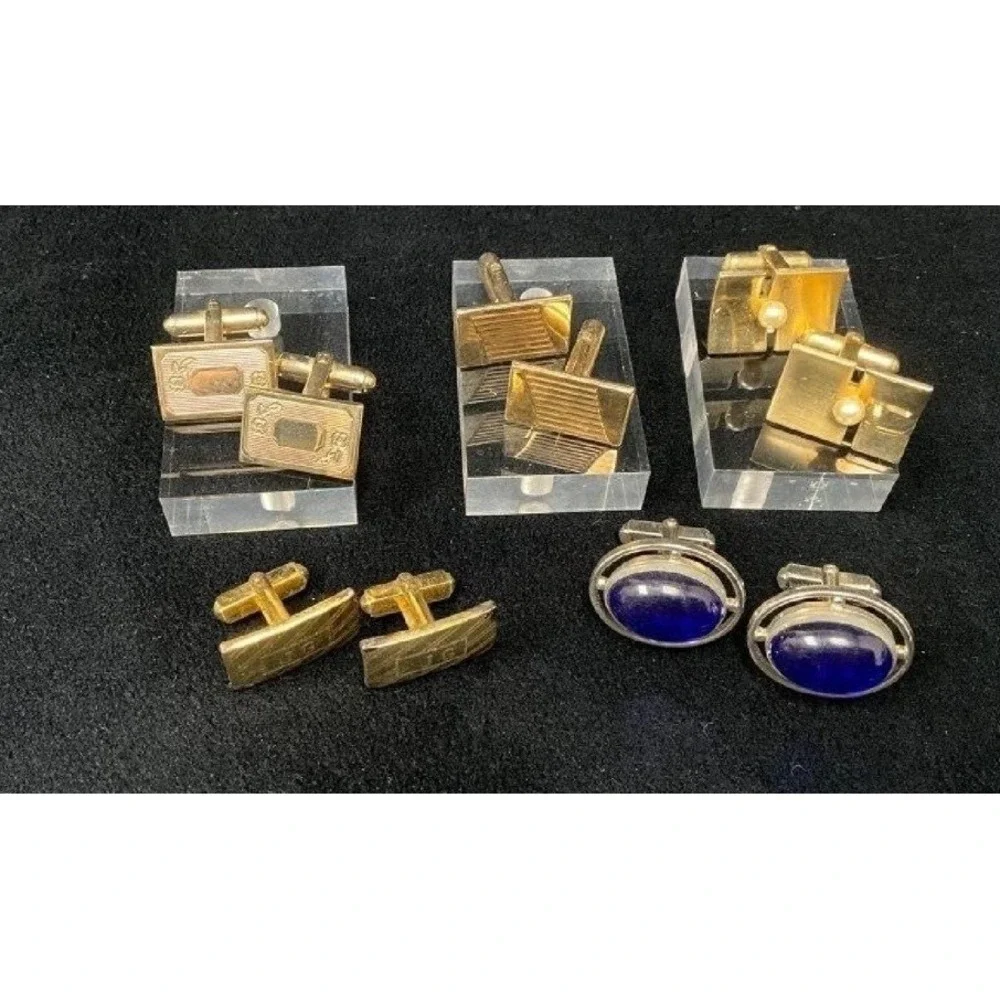 VTG LOT Mens Cufflinks Tie Tacks Pins Lot Gold Tone Art Deco Sapphire Glass Mix